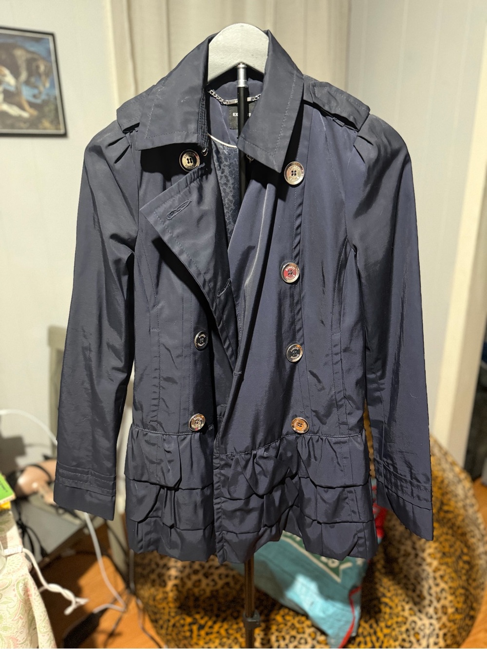 Women’s Express Navy Double Breasted Mid-Length Trench Coat Pockets Size XS